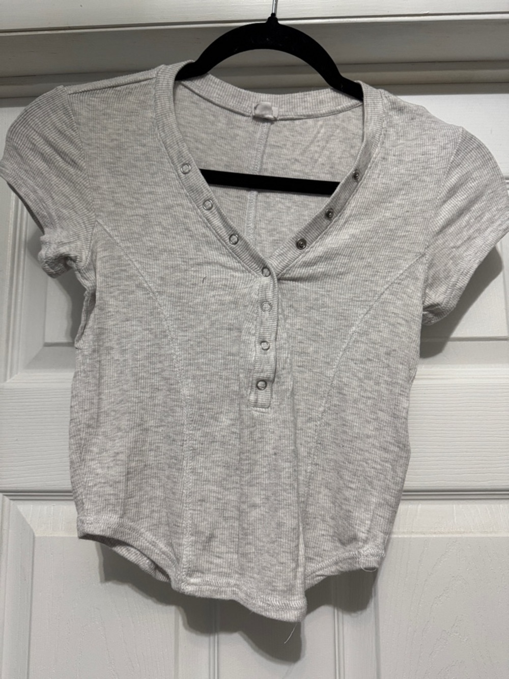 GARAGE Short Sleeve Henley Ribbed Top - Light Gray